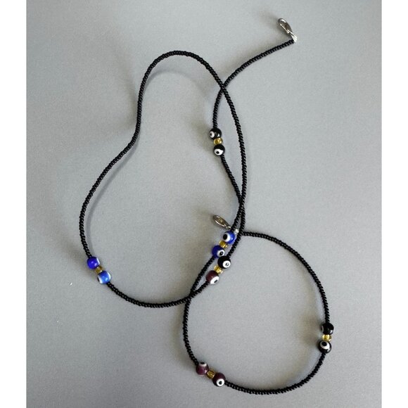 26" Black Seed Bead Necklace with Glass Evil Eye Beads Boho Artisan Layering - Picture 3 of 5